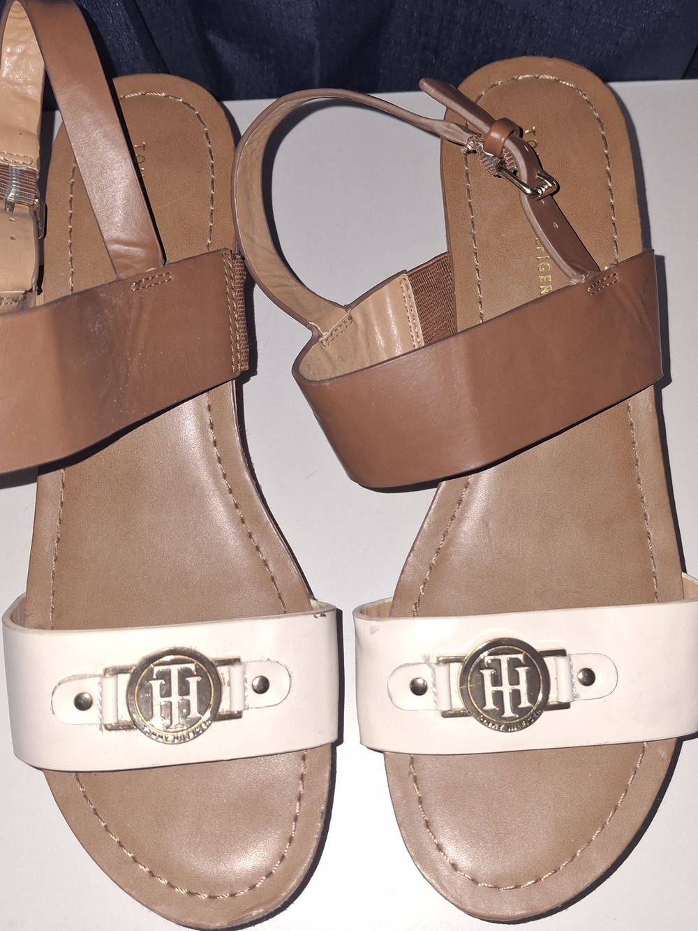 Tommy Hilfiger Tan and White Logo Strap Sandals